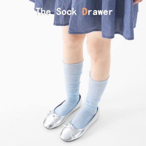 长袜女夏季薄款纯色中筒网纱拼接透气堆堆袜女薄透凉感蓝色小腿袜