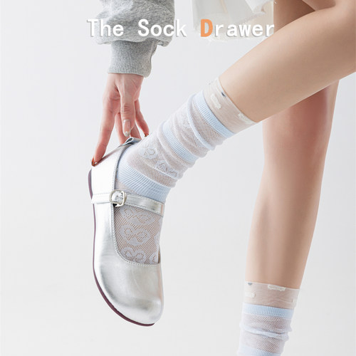 女袜子2026新款镂空网眼透气中筒袜春夏季薄款蕾丝蝴蝶结堆堆袜