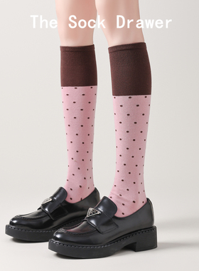 微压显瘦粉色小腿袜女春秋新款波点拼色长筒堆堆袜配小皮鞋的袜子