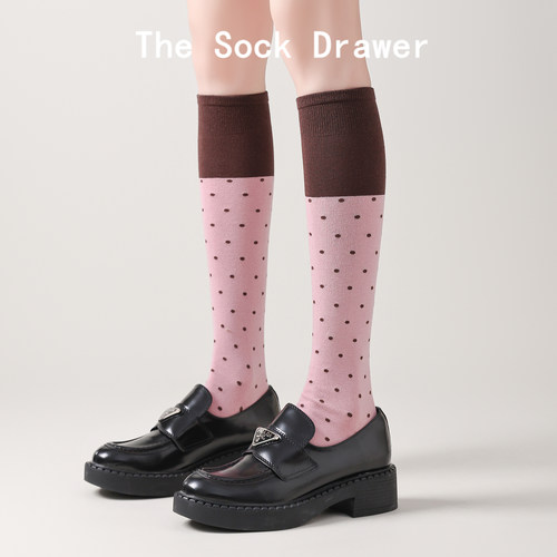 微压显瘦粉色小腿袜女春秋新款波点拼色长筒堆堆袜配小皮鞋的袜子