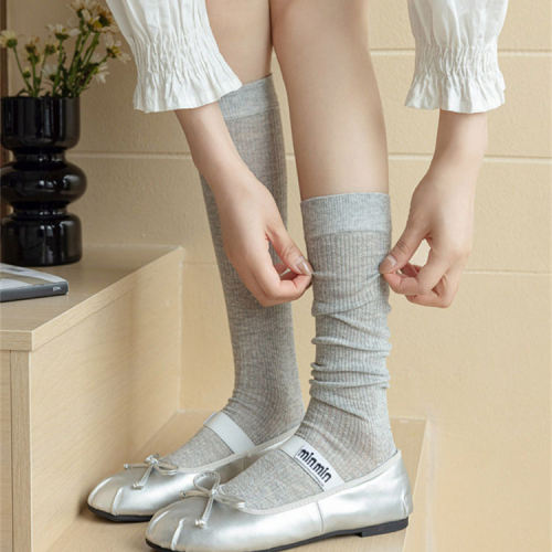 芭蕾风小腿袜女春夏薄款纯棉显瘦透气网眼中筒袜日系灰色堆堆袜