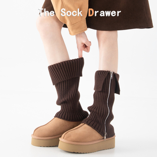 咖色针织袜套女秋冬加厚显瘦翻边拉链小腿袜y2k辣妹叠穿堆堆腿套