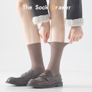 美利奴羊毛袜女秋松口不勒脚棕色坑条羊绒中筒袜配乐福鞋的袜子