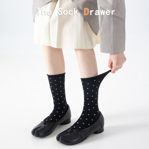 分趾袜子女纯棉波点卷边中筒袜黑色二趾袜春夏季拇指袜搭配分趾鞋