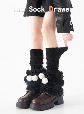 秋冬拼接毛球袜套女黑色甜酷日系针织堆堆袜y2k辣妹及膝长筒腿套