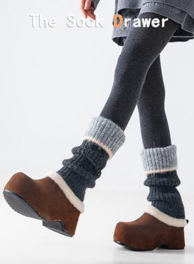 深灰色羊毛袜套女士秋冬加厚保暖翻边拼色堆堆腿套配勃肯鞋雪地靴