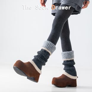 深灰色羊毛袜套女士秋冬加厚保暖翻边拼色堆堆腿套配勃肯鞋 雪地靴