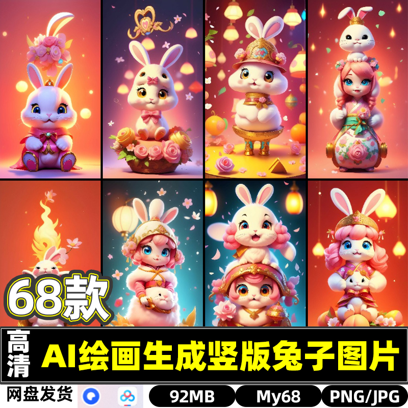 AI绘画生成可爱兔子卡通形象人物背景手机桌面壁纸动漫图片打印集