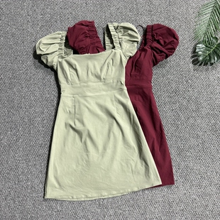 西班牙品牌女夏法式复古纯欲辣妹简约时尚中长款泡泡袖弹力连衣裙