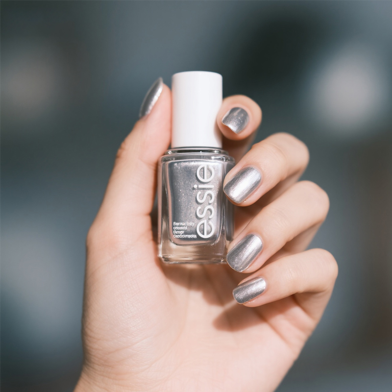 美国高端油性ESSIE脚指甲油3008摇滚风镜面金属银色免烤快干美甲