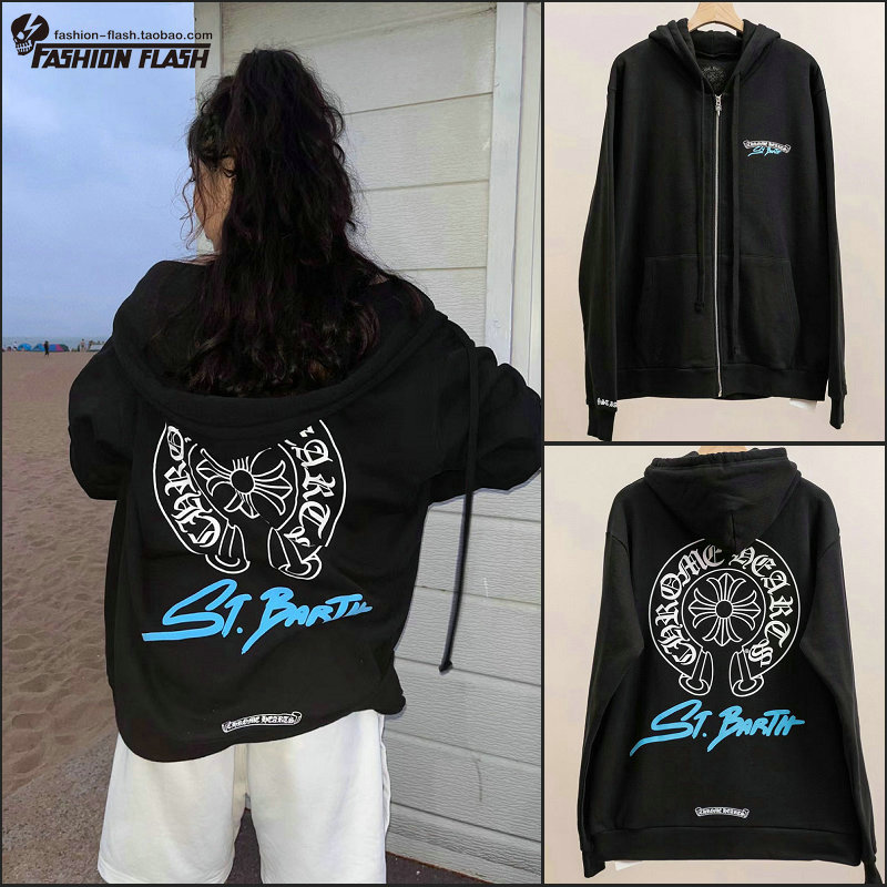 st barth限定蓝色涂鸦印花字母ch连帽卫衣外套帽衫全棉拉绒男女款