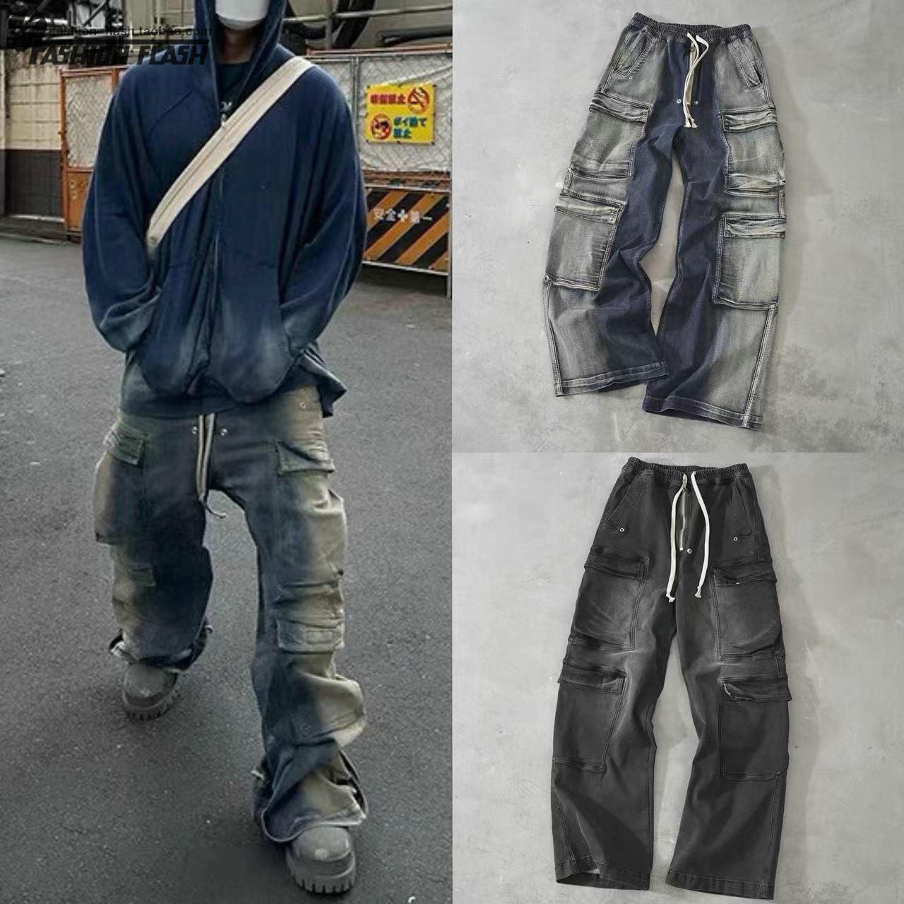 暗黑风水洗做旧渐变多口袋工装直筒休闲抽绳阔腿牛仔裤capper同款