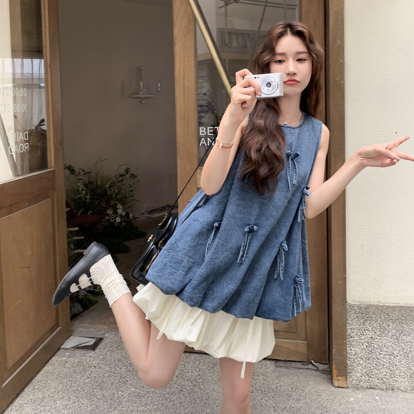 巨好看甜美风牛仔背心蝴蝶结花苞裙两件套女夏小个子韩系清新套装