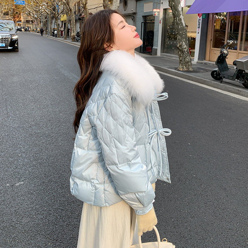 蓝色短款狐狸毛领羽绒服女2025冬季新款菱格设计感小个子保暖外套