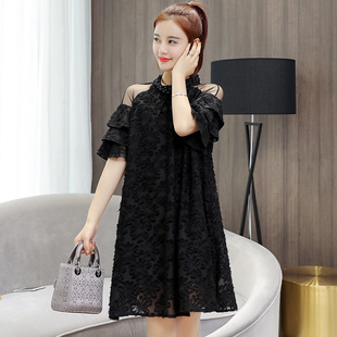 韩版蕾丝订珠连衣裙女夏黑色露肩显瘦A字裙高级感宽松休闲慵懒风