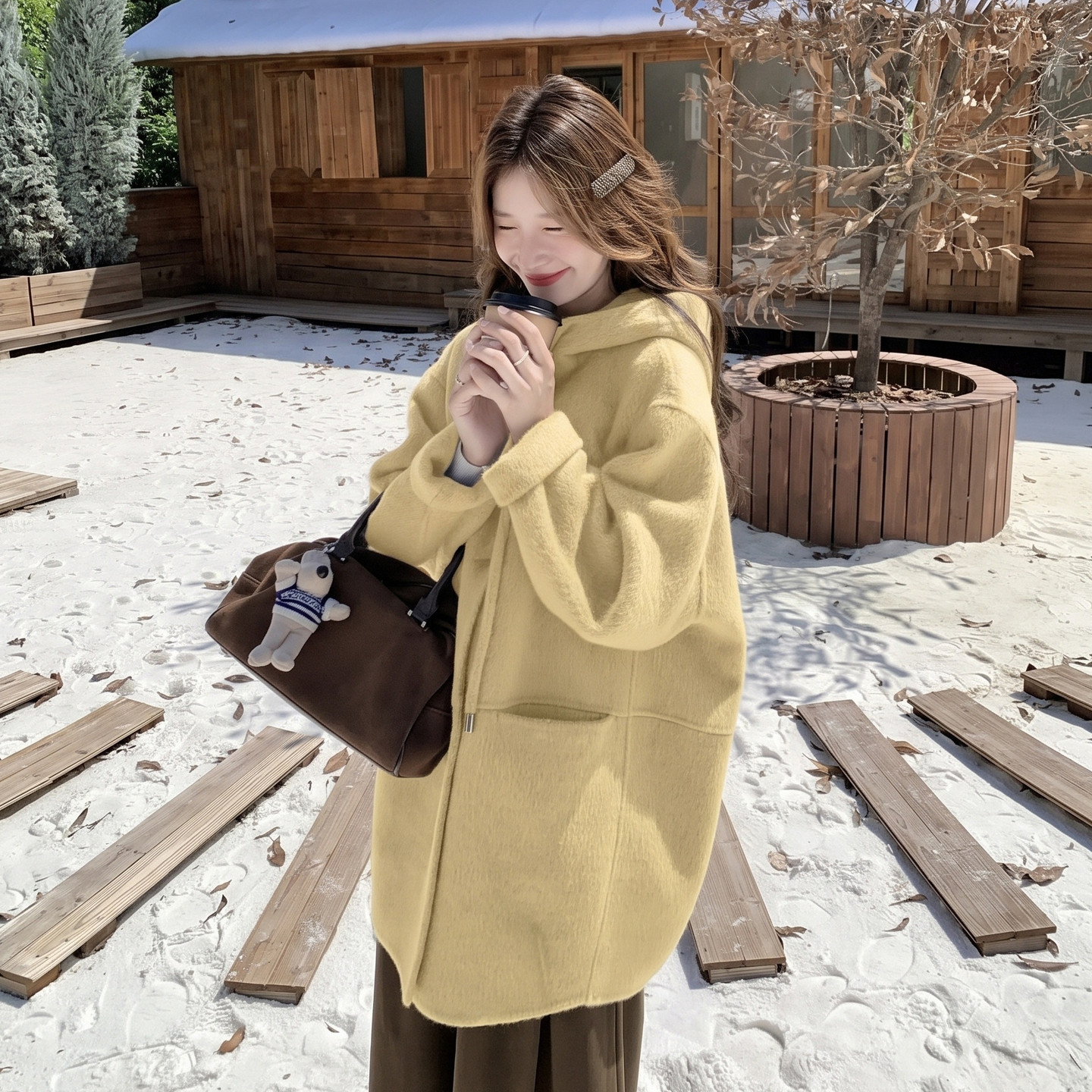 韩系连帽双面呢羊毛大衣女减龄