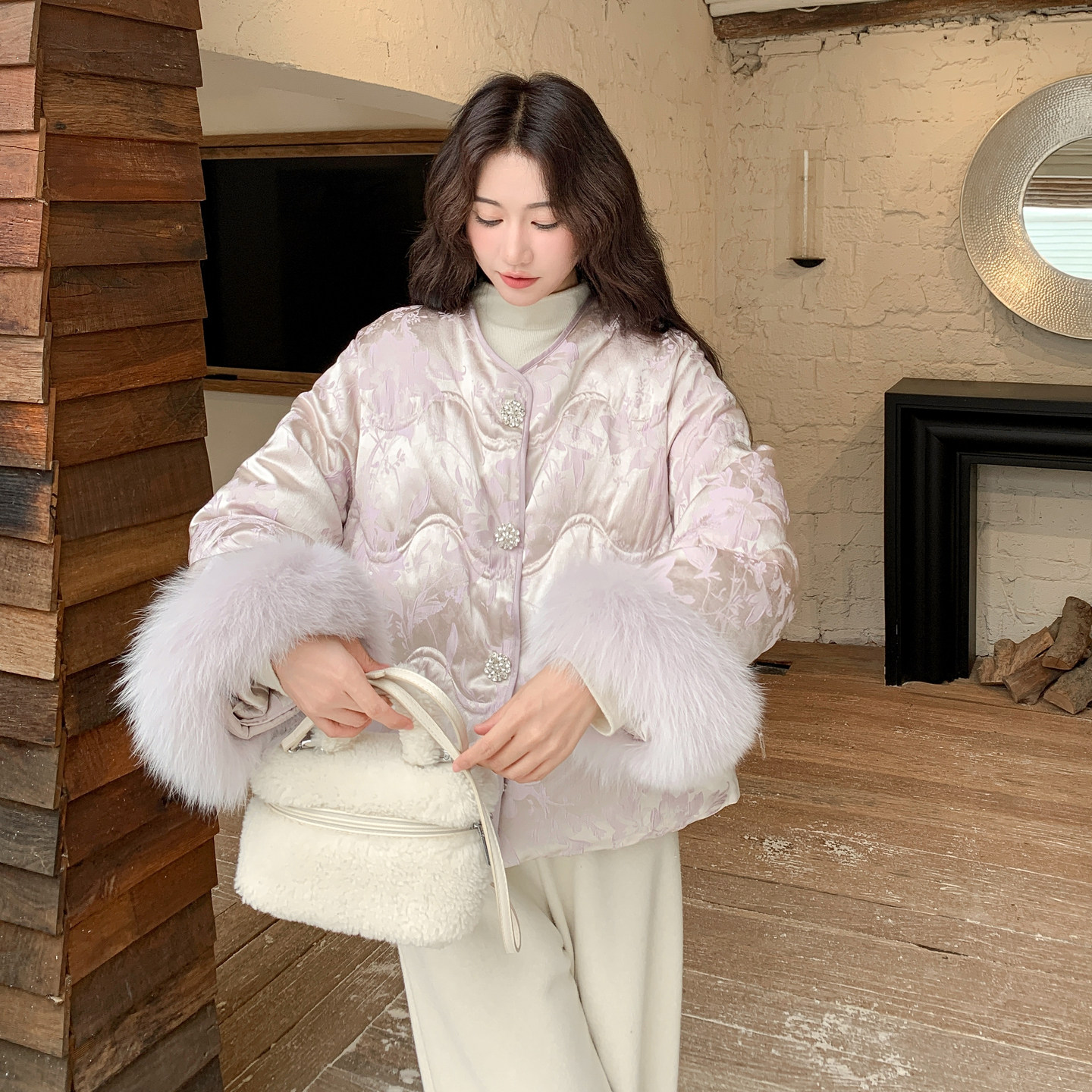 新中式国风高级感轻奢提花狐狸毛拼接90白鸭绒羽绒服女2025冬新款