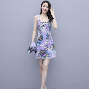 2025夏季新款中式紫色碎花国风披肩吊带连衣裙女修身显瘦两件套装