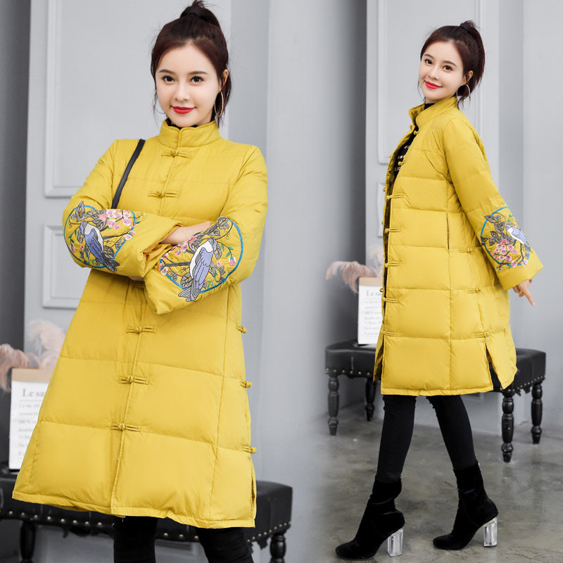 反季特卖中国风喇叭袖刺绣羽绒服女中长款2024年冬装新款显瘦气质,女装/女士精品,羽绒服,淘宝优惠券,粉丝福利购,淘宝优惠卷