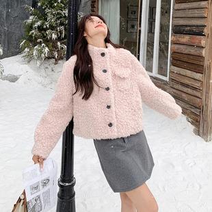 安娜泰迪服粉色羊羔毛大衣短款羊剪绒皮毛一体外套环保皮草小清新