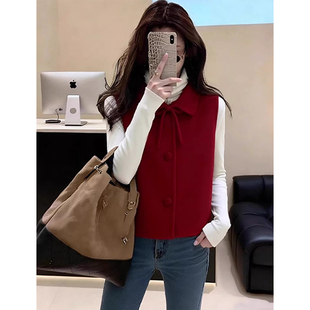 韩版松弛感洋气简约无袖翻领新年穿搭红色针织背心叠穿马甲毛衣女
