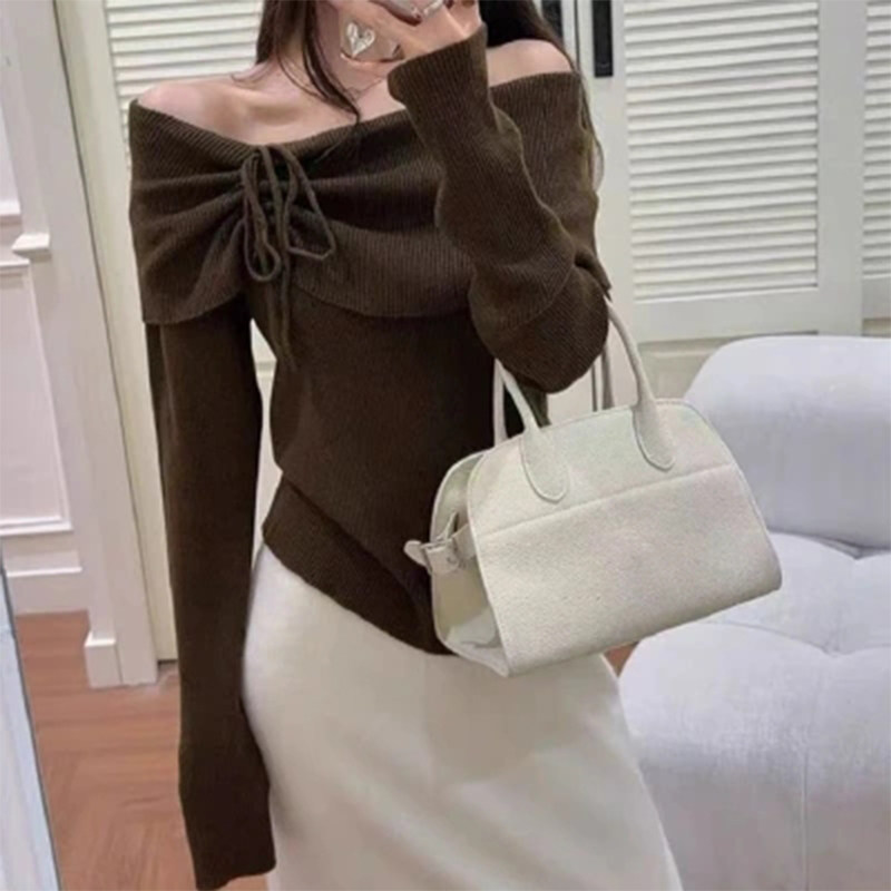 披肩式假两件针织衫女秋季新款纯欲风抽绳蝴蝶结一字肩设计感上衣
