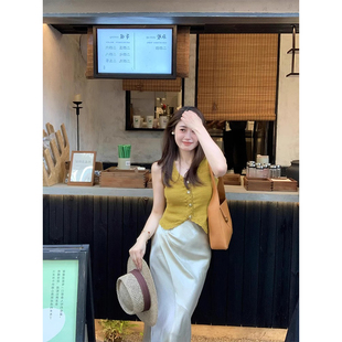 蕾丝拼接背心上衣女夏 ins韩版 高级感洋气气质修身 显瘦无袖 V领短款