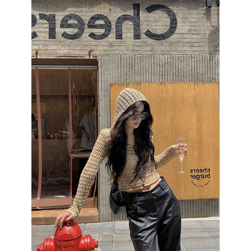 韩版洋气简约显瘦百搭长袖连帽套头镂空薄款防晒罩衫针织衫上衣女