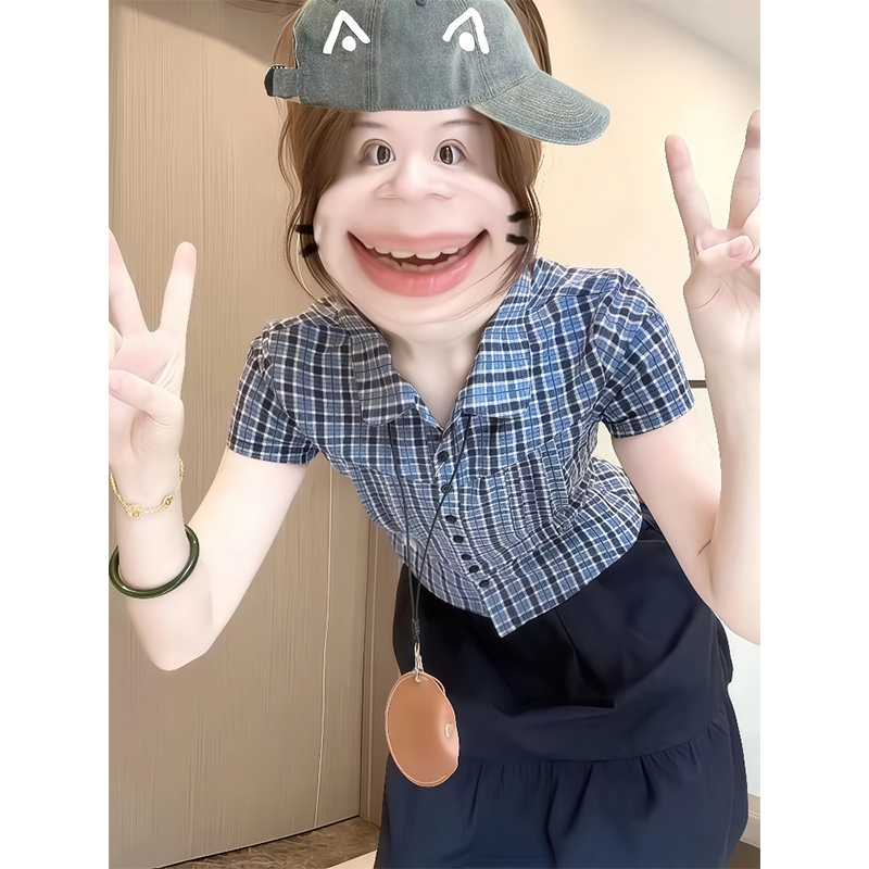 短袖polo领短款撞色格子衬衫上衣