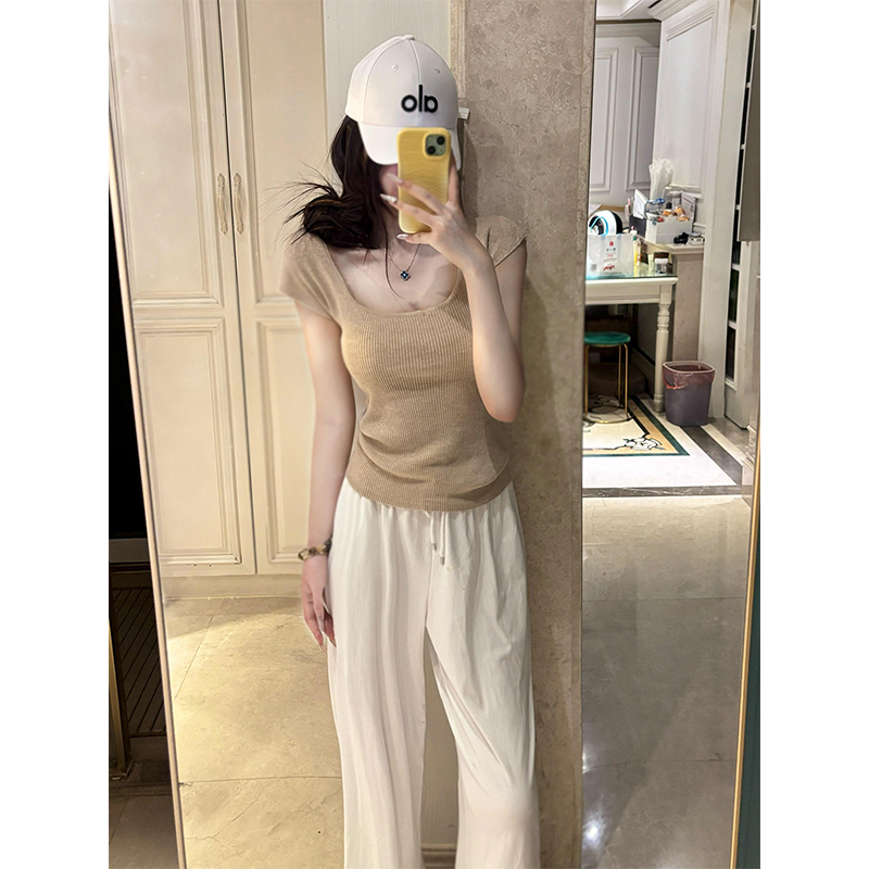 短袖方领纯色百搭薄款针织衫T恤