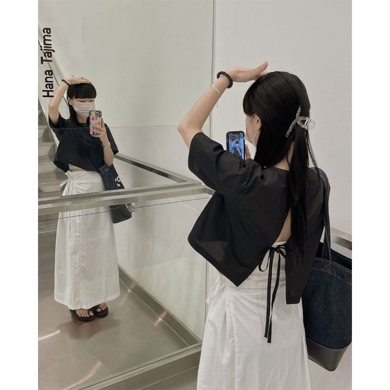 短款别致后背绑带镂空衬衫上衣女