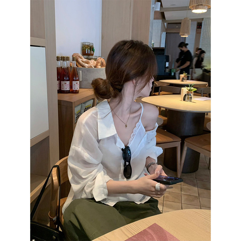韩版宽松慵懒风洋气百搭长袖翻领防晒拼接假两件露肩衬衫上衣女潮