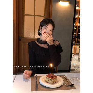 上衣女 蕾丝拼接立领内搭荷叶边针织衫 法式 氛围感洋气气质显瘦长袖