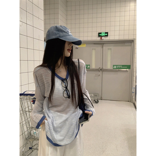 条纹T恤上衣女 ins韩版 简约洋气宽松百搭长袖 撞色圆领薄款 防晒罩衫