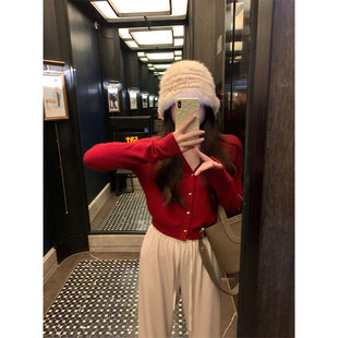 韩版流行爆款洋气百搭长袖V领短款圣诞新年红色针织开衫毛衣女潮