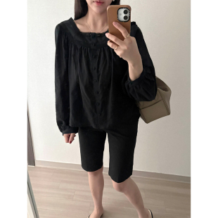 法式 上衣女 松弛感洋气简约休闲宽松纯色百搭长袖 方领蕾丝拼接衬衫