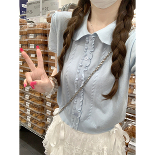 温柔风洋气甜美减龄显瘦短袖 T恤上衣女夏 娃娃领短款 木耳边针织衫