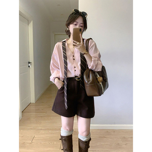 韩版松弛感洋气宽松慵懒风简约百搭长袖翻领配领带粉色衬衫上衣女