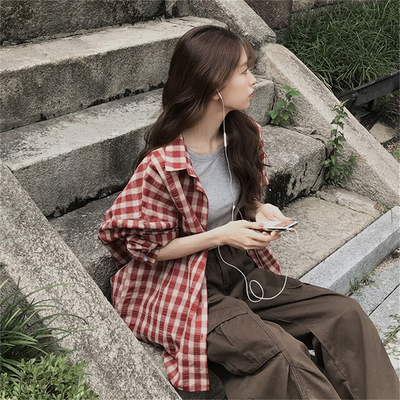 长袖翻领撞色格子叠穿衬衫上衣女