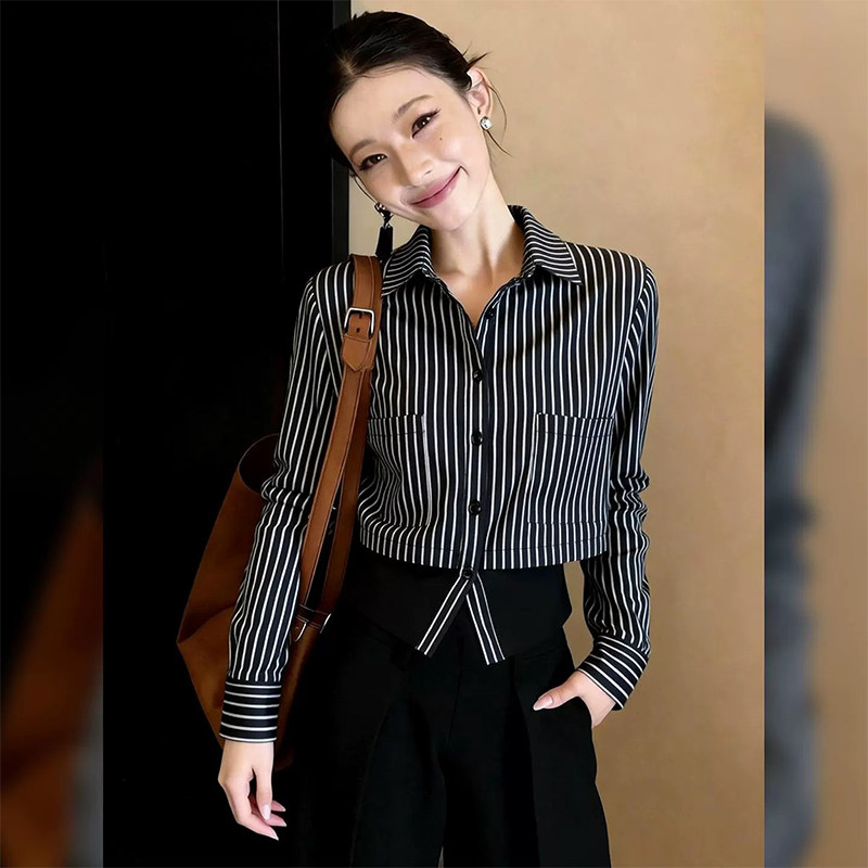 韩版高级感洋气气质显瘦百搭长袖polo领拼接假两件条纹衬衫上衣女,女装/女士精品,衬衫,淘宝优惠券,粉丝福利购,淘宝优惠卷