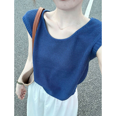 V领短款无袖背心蓝色针织上衣女