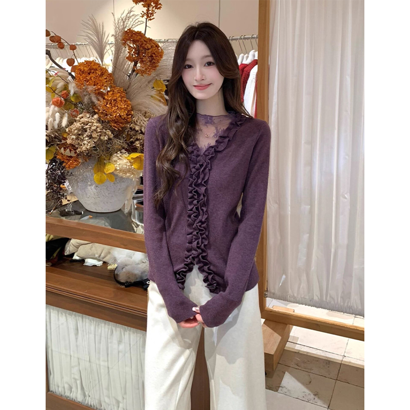 V领木耳边蕾丝拼接紫色针织衫女