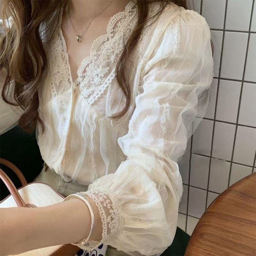 法式气质蕾丝高级打底衬衫长袖女