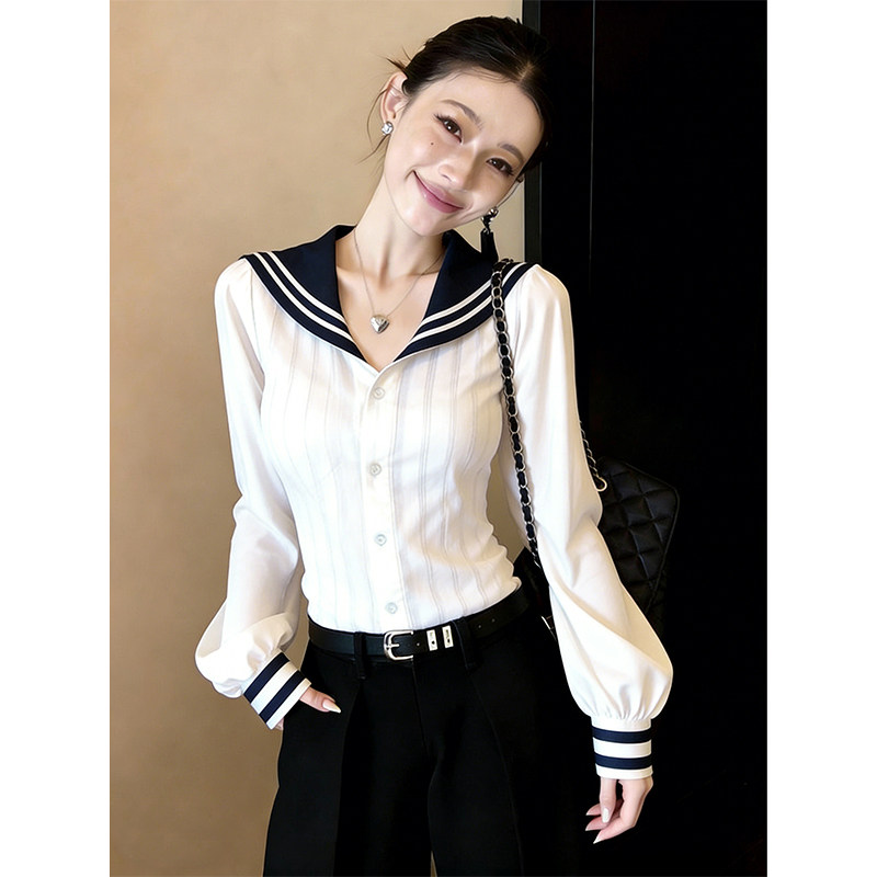 韩版学院风洋气甜美减龄显瘦百搭长袖撞色海军领别致衬衫上衣女春