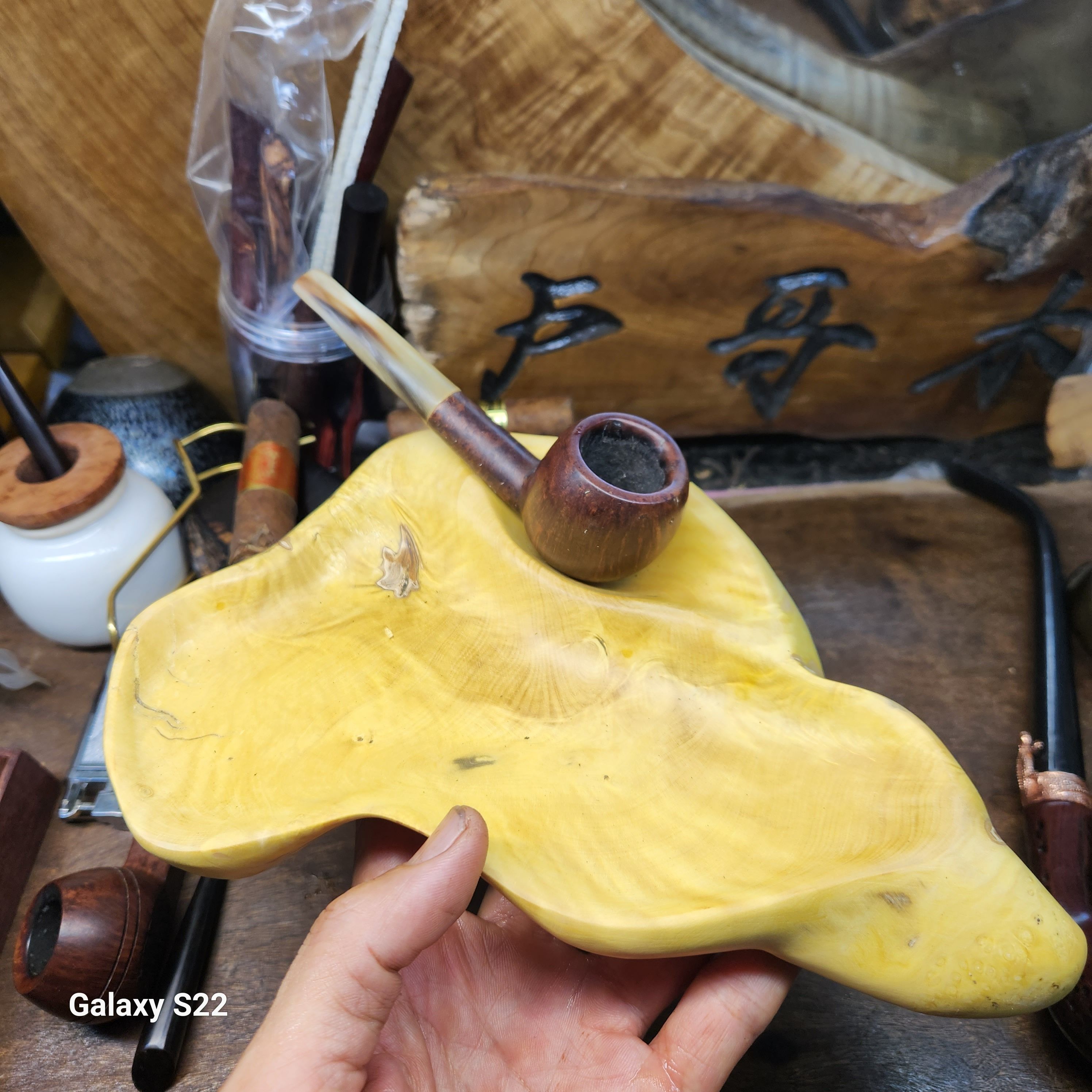 手工高档随形珍珠小叶黄杨醒草盘烟斗架实木直弯斗便携烟斗操作盘