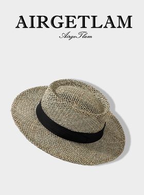 AirgeTlam/法式老钱风编织平顶草帽女款夏季海边遮阳防晒镂空礼帽