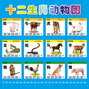 十二生肖动物海报画小鼠牛虎兔龙蛇马羊猴鸡狗猪属相图片墙贴纸画