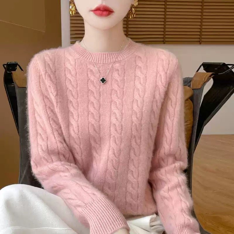 复古麻花圆领套头针织毛衣女秋冬新款洋气百搭宽松短款打底衫上衣