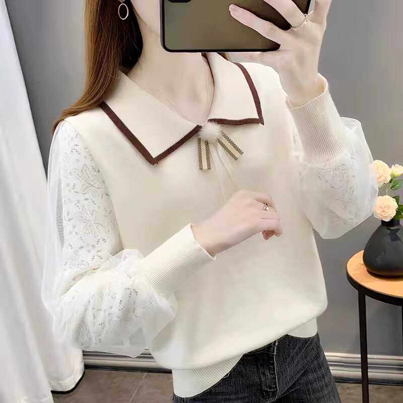 洋气小香风蕾丝长袖针织上衣女秋季新款娃娃领宽松薄款外穿打底衫,女装/女士精品,毛针织衫,淘宝优惠券,粉丝福利购,淘宝优惠卷