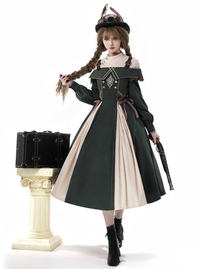 原创【旅之歌】深绿色lolita长袖连衣裙jsk秋冬打底吊带裙2件套